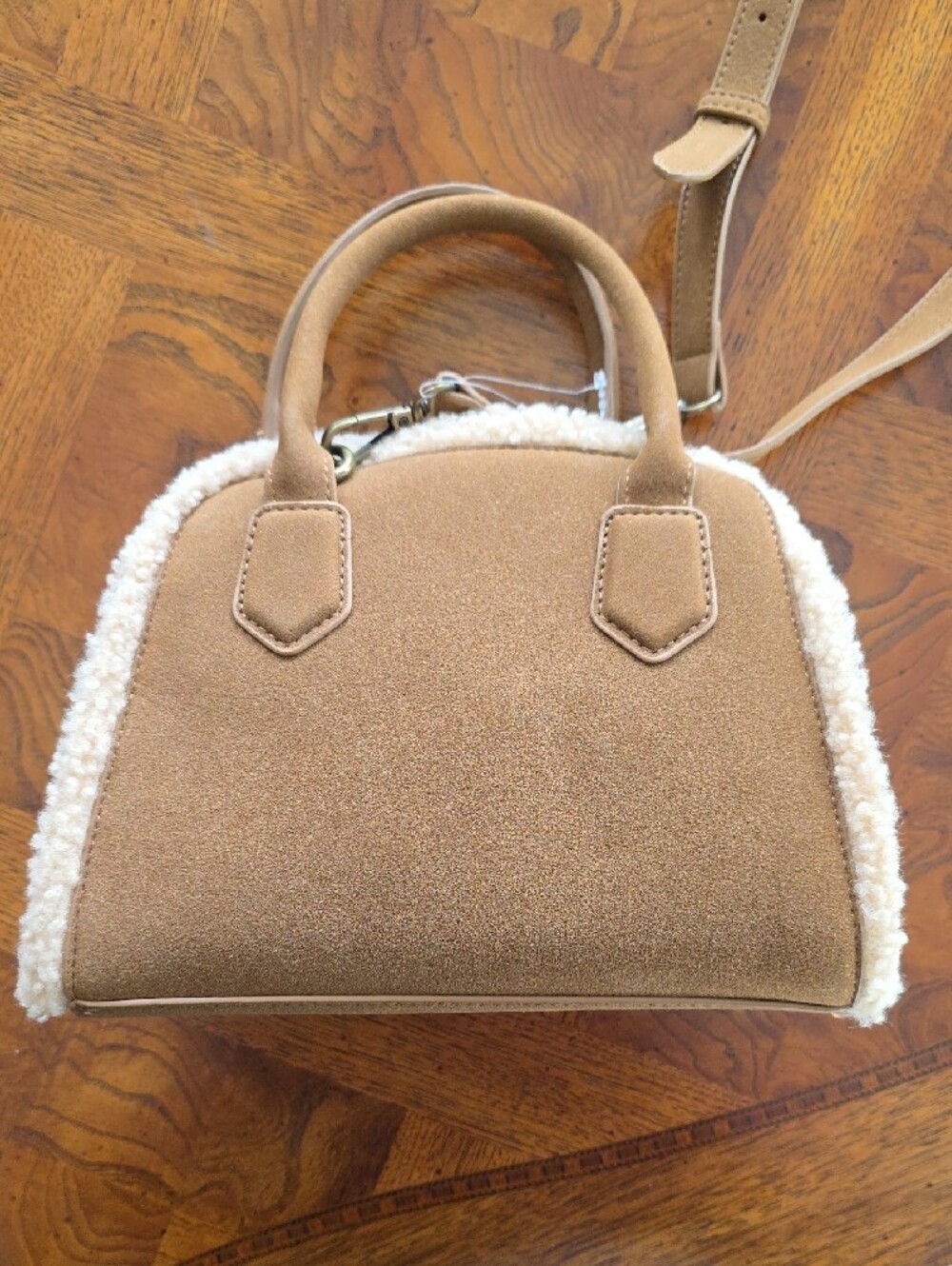 Frye & Co. Holiday Satchel Cognac Sherpa Trim Crossbody Bag - NEW - Picture 5 of 11